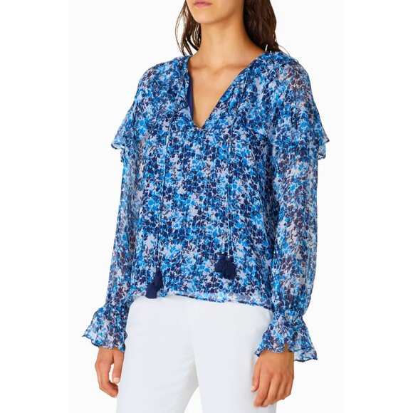 Ramy Brook Celeste Blouse Floral Printed Silk Metallic Bohemian Airy Ruffle - Picture 1 of 10